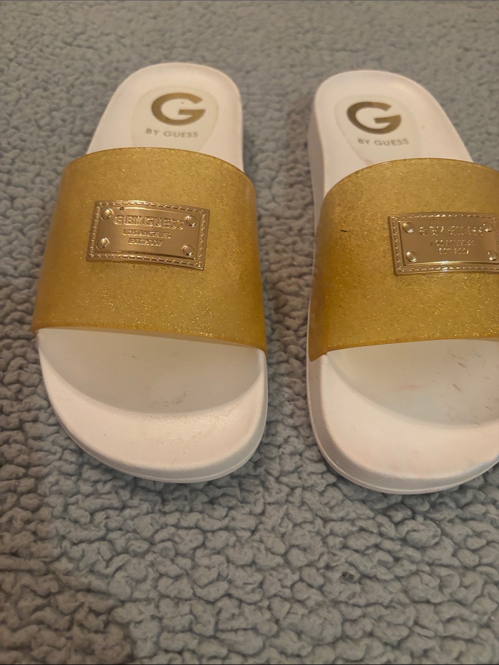 G by Guess Girls Metallic Gold Slip-On Sandals with White Footbed